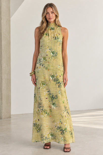 Full-length front view of Sage Green floral halter neck sleeveless maxi dress