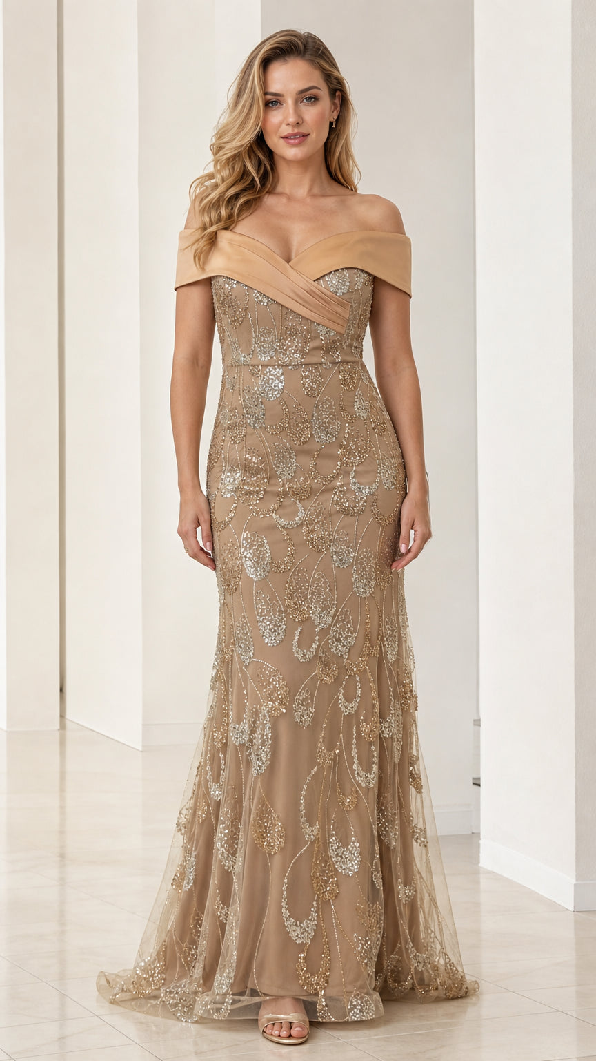 Front view of model wearing champagne off-the-shoulder sequin mermaid evening gown