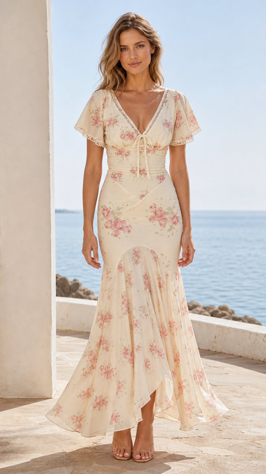 Front view of cream floral V-neck maxi dress on model
