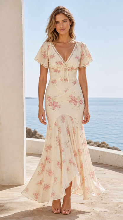 Front view of cream floral V-neck maxi dress on model