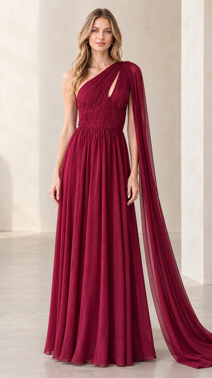 Burgundy one-shoulder pleated maxi evening gown with dramatic shoulder cape drape front view