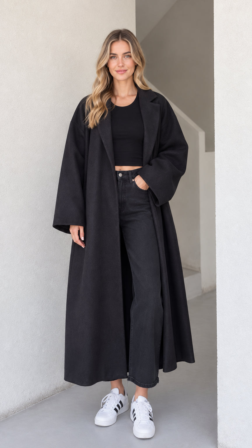 Full front view of a woman wearing the oversized black maxi longline coat with sneakers