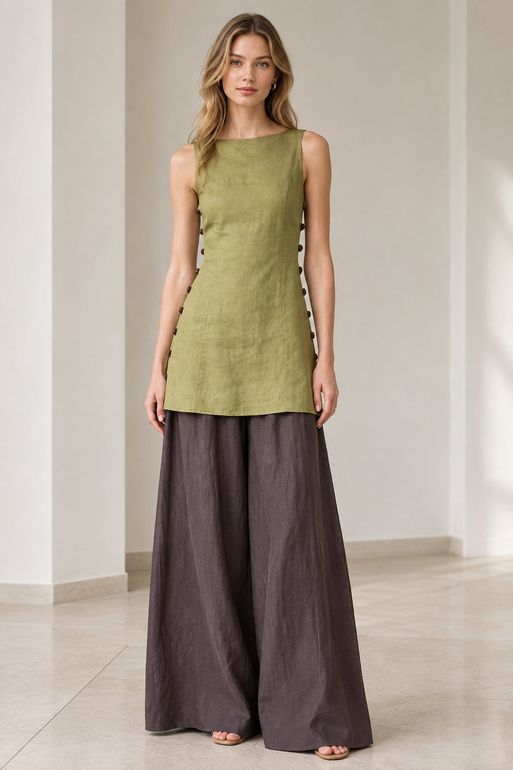 Model wearing olive green sleeveless side-button tunic top with charcoal wide-leg pants front view