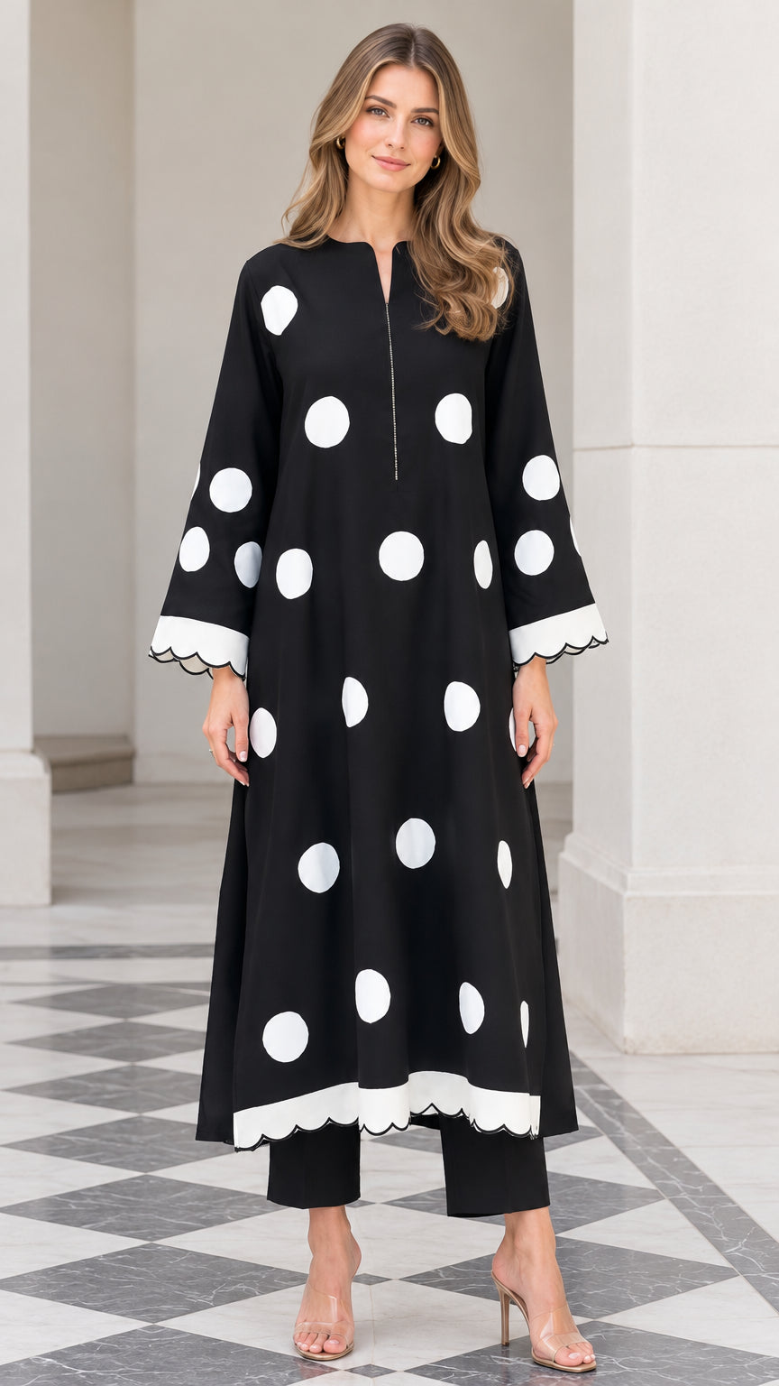 Full front view of model wearing Black polka dot tunic and pants set with white scallop trim