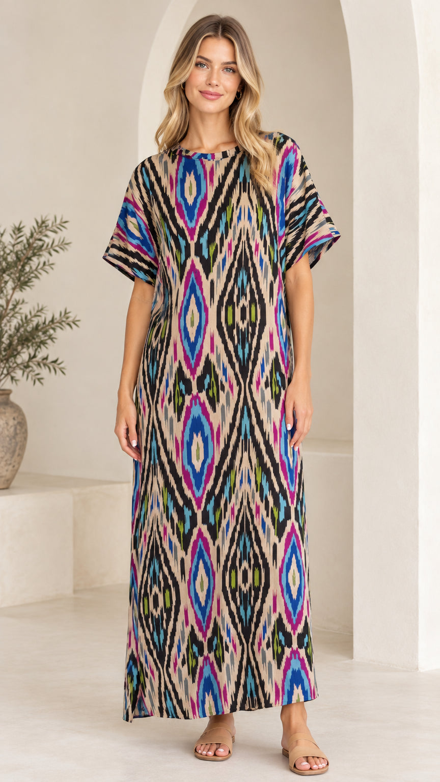 Front view of woman wearing Beige Multi ikat print short sleeve maxi dress