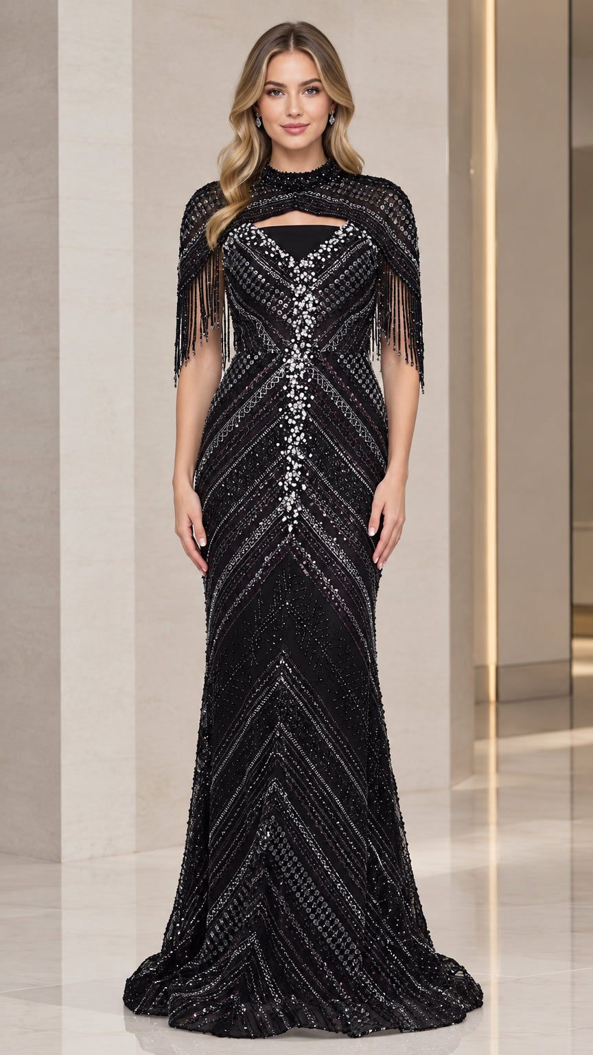Front view of model wearing a black sequin beaded mermaid evening gown with high-neck fringe capelet