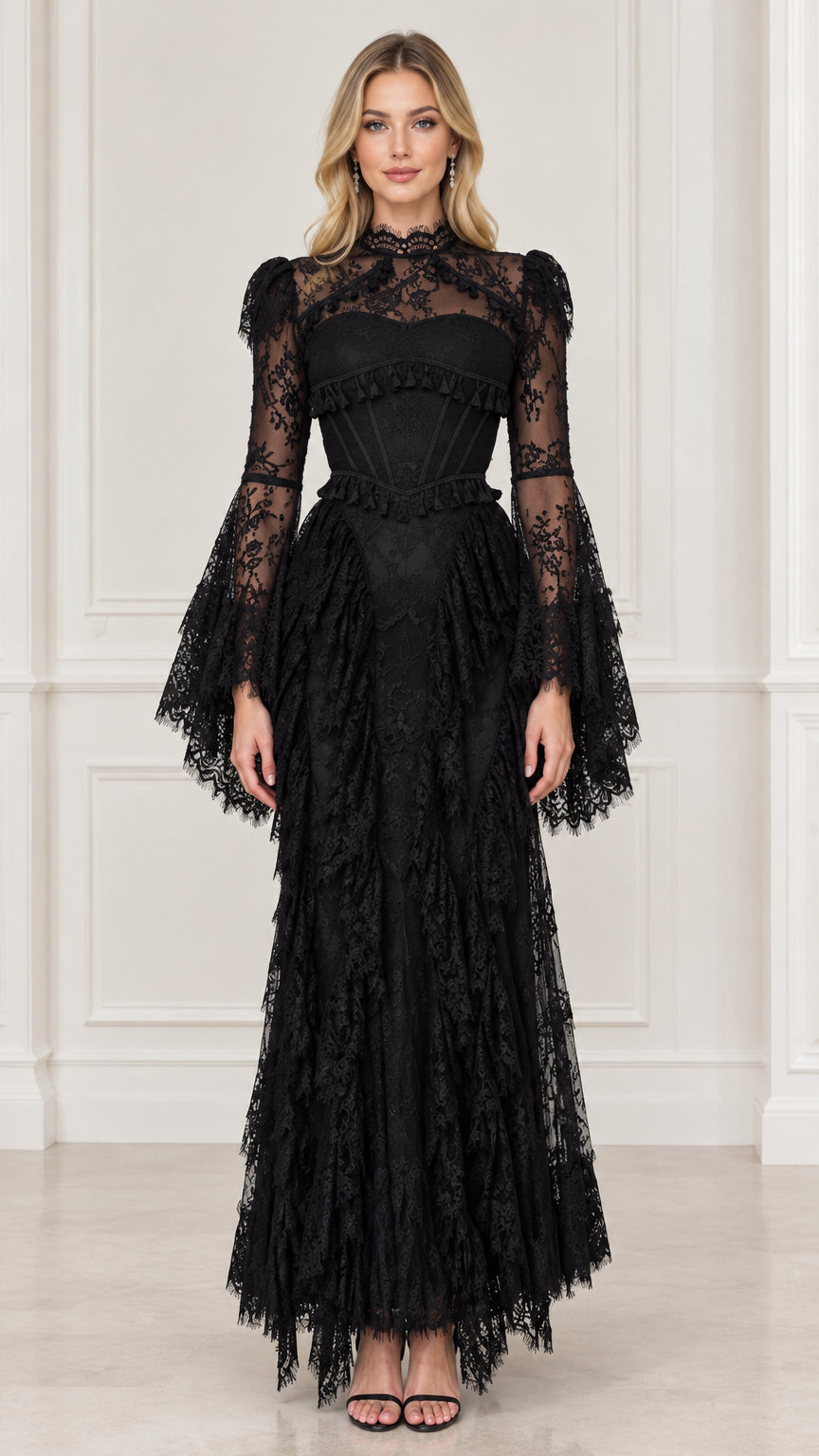 Front view of black lace Victorian corset maxi dress with flared bell sleeves