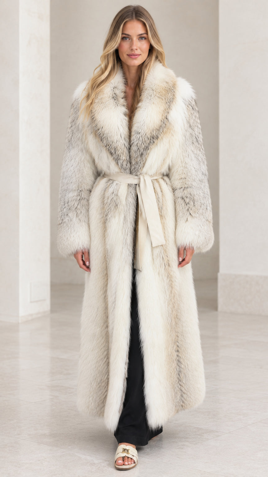 Front full-length view of woman wearing Ivory Frost maxi belted faux fur coat