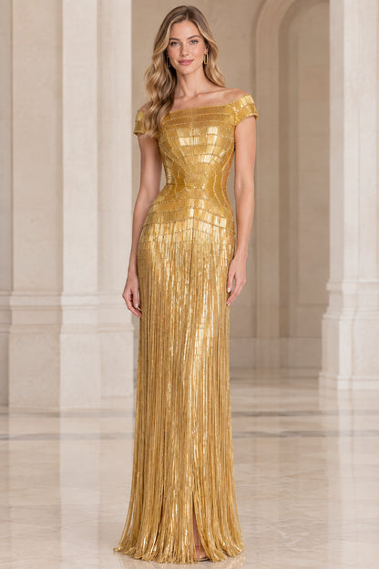 Front view of woman wearing full-length gold off-the-shoulder beaded evening gown