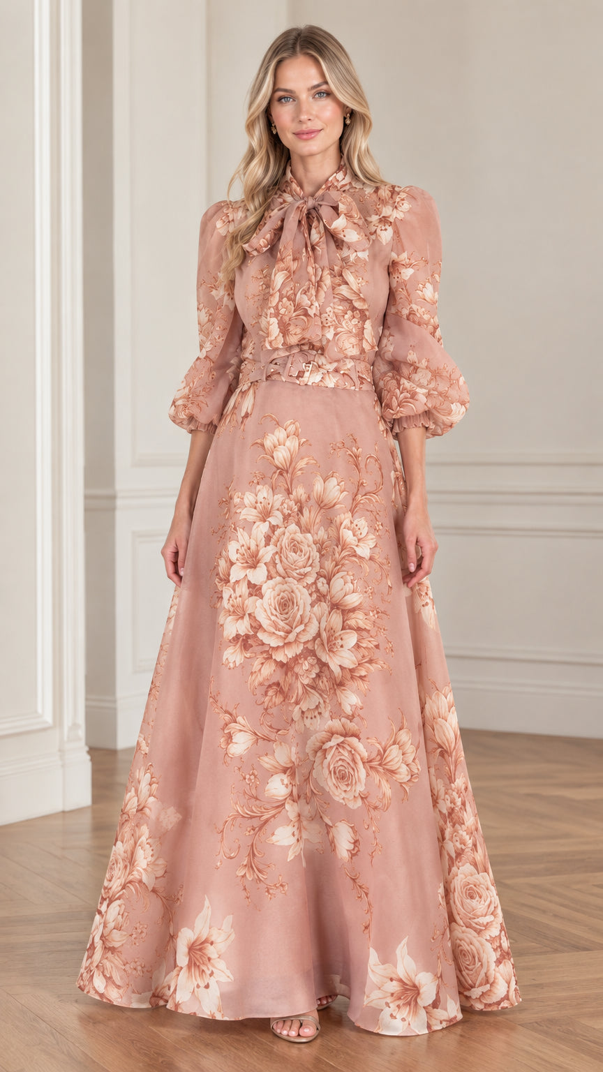 Front full-length view of woman wearing dusty rose floral tie-neck puff sleeve maxi dress with belt