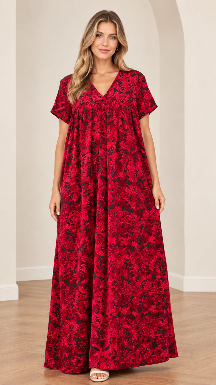 Front view of model wearing red floral V-neck short sleeve gathered maxi dress