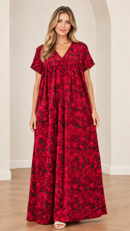 Front view of model wearing red floral V-neck short sleeve gathered maxi dress