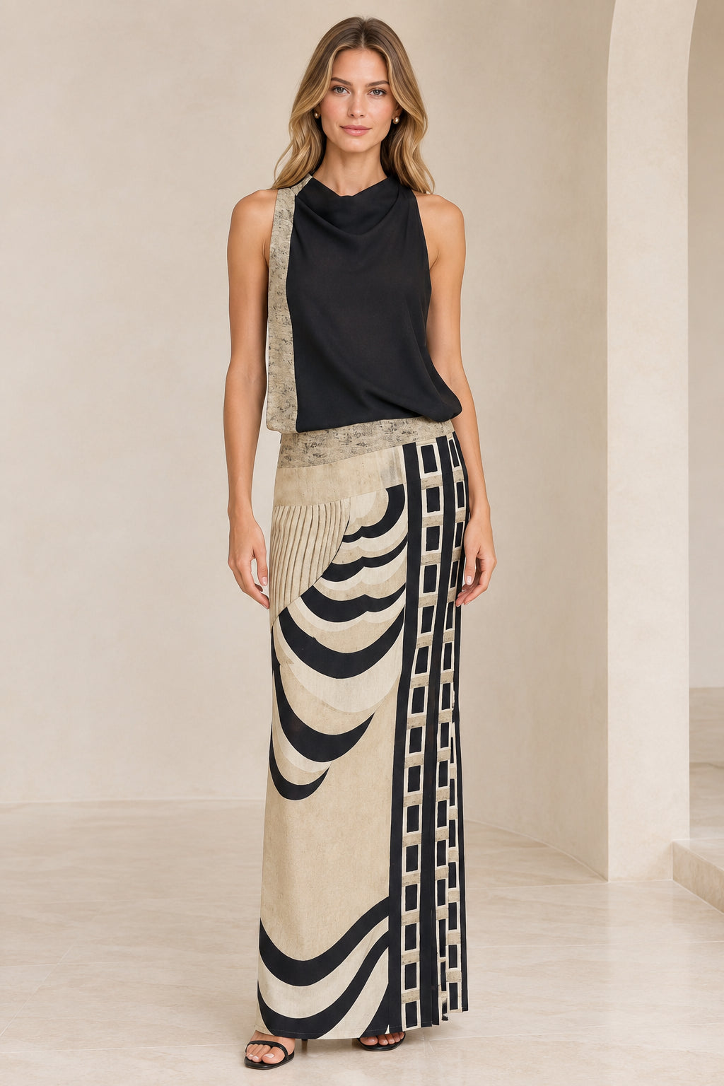 Front view of model wearing black cowl neck abstract geometric print maxi dress