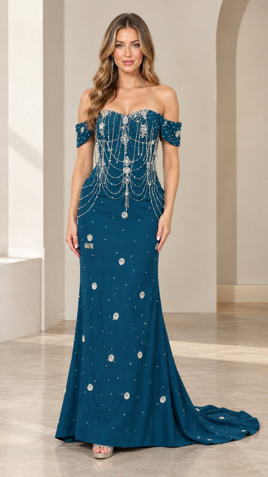 Front view of model wearing off-the-shoulder teal blue beaded mermaid evening gown