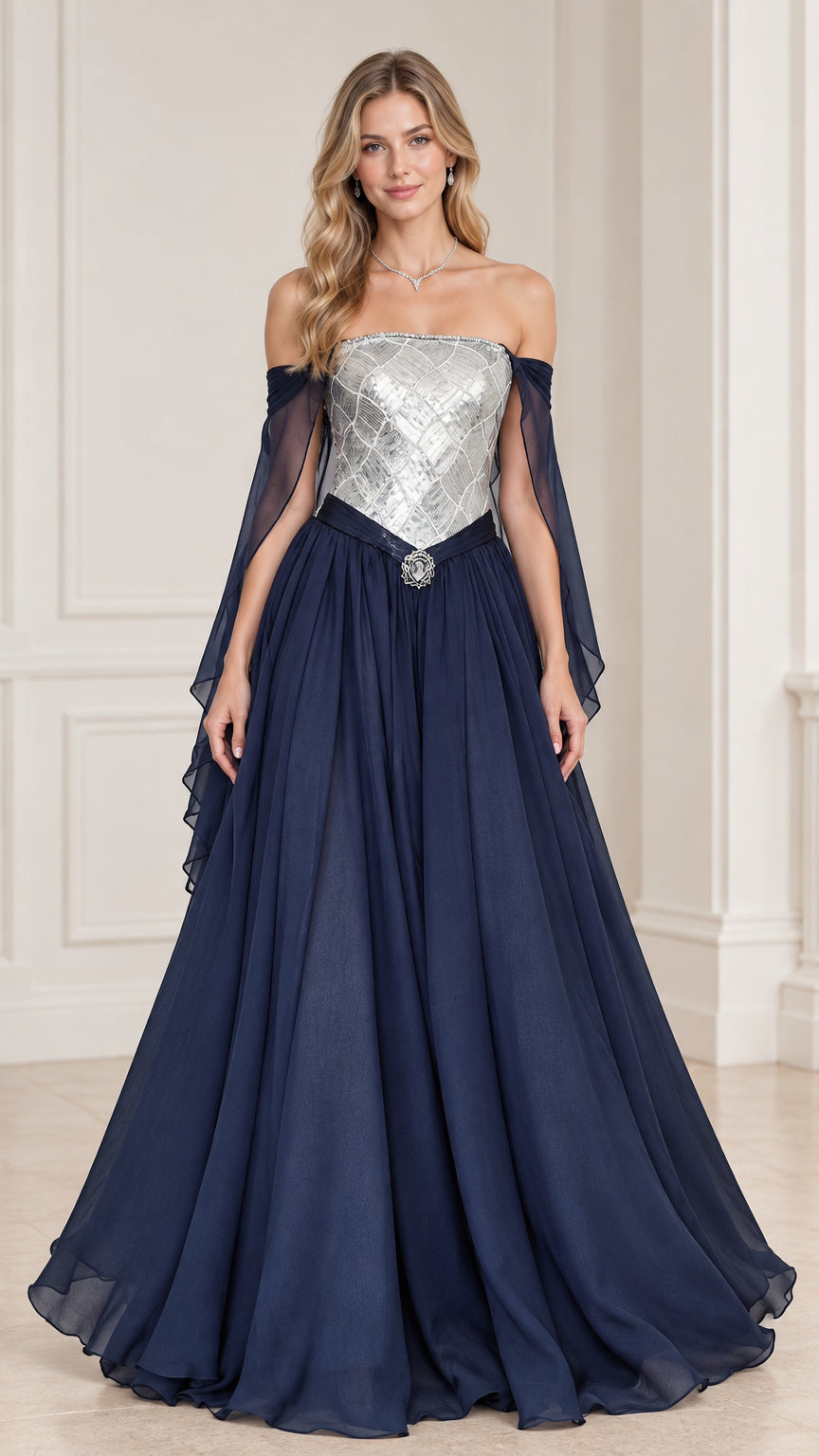 Front view of model wearing Navy Blue off-the-shoulder sequin corset evening gown with draped sleeves