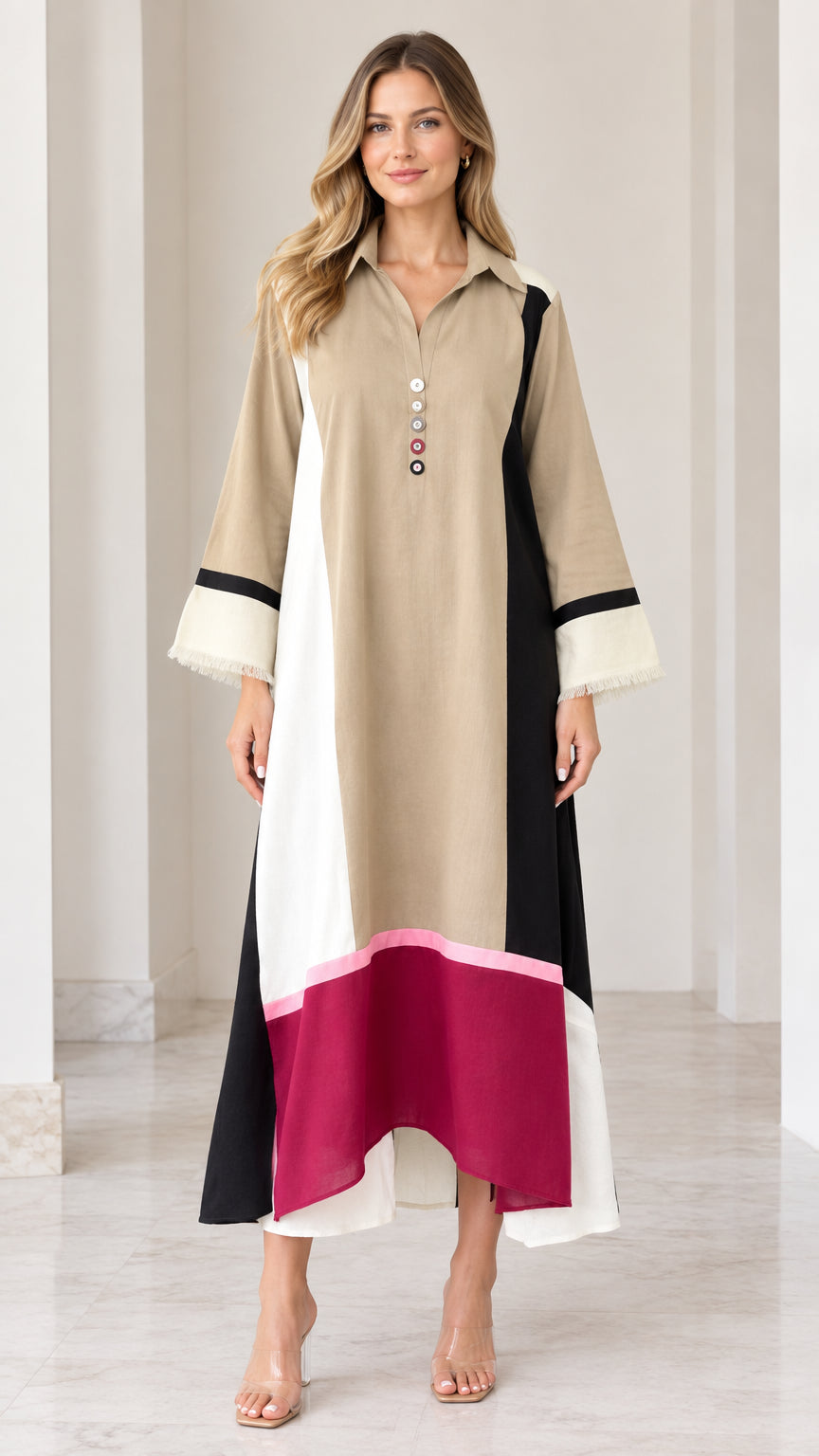 Full front view of model wearing Khaki color block collared maxi dress