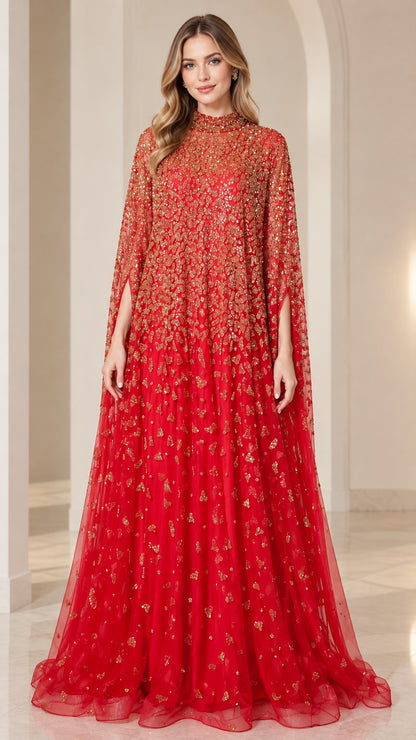 Front view of model wearing a red sequined high neck gown with dramatic cape sleeves