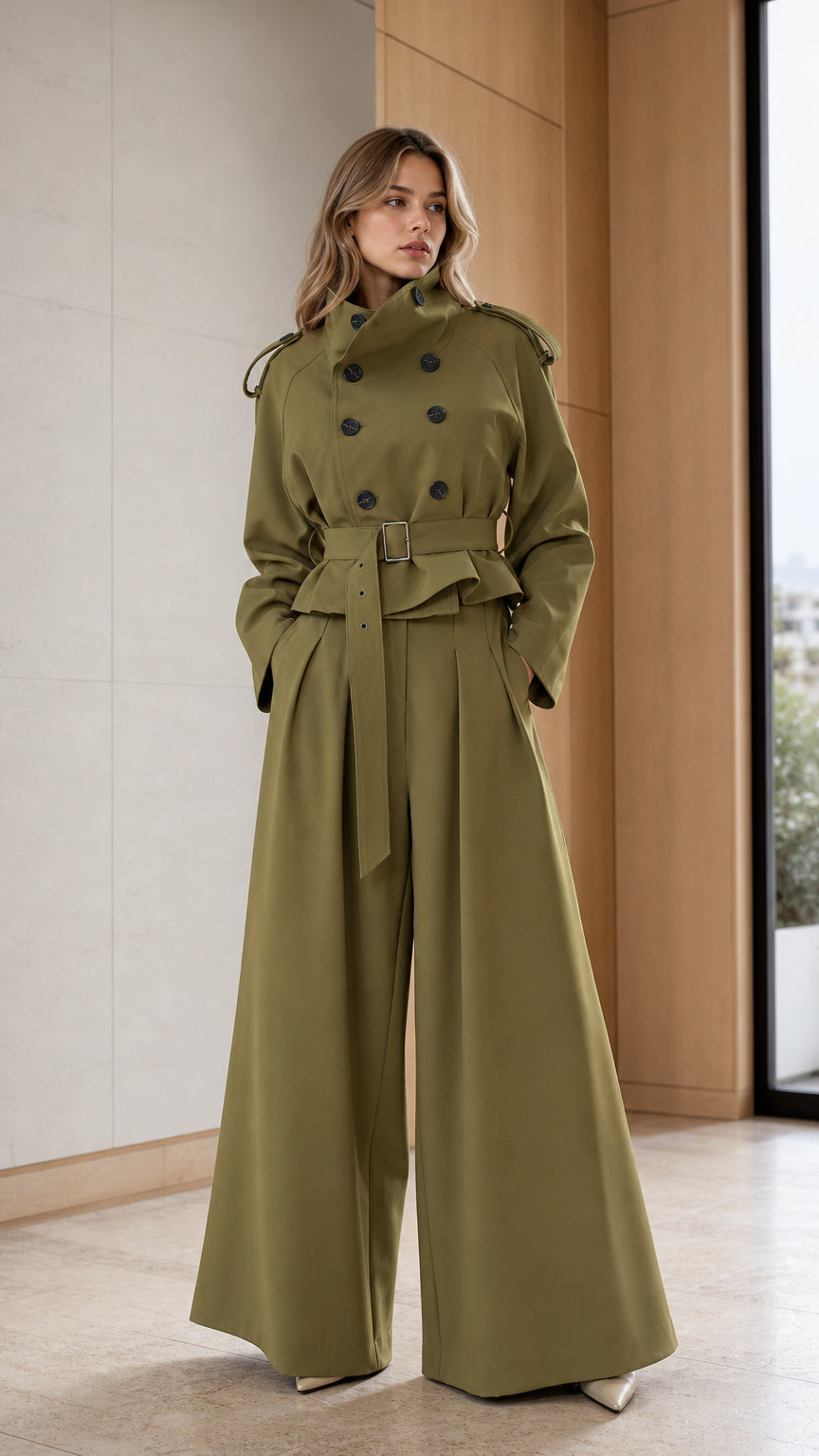 Front view of woman wearing khaki trench jacket and wide leg pants set