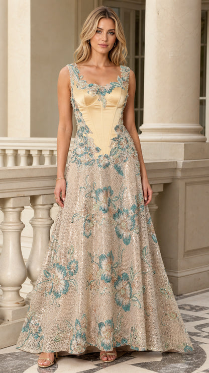 Full-length front view of Champagne floral embroidered corset evening gown with sequin details