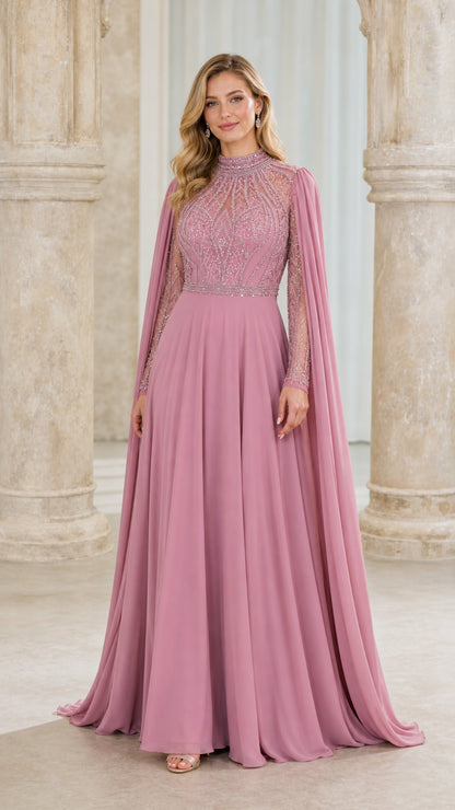 Front view of mauve beaded high-neck evening gown with cape sleeves