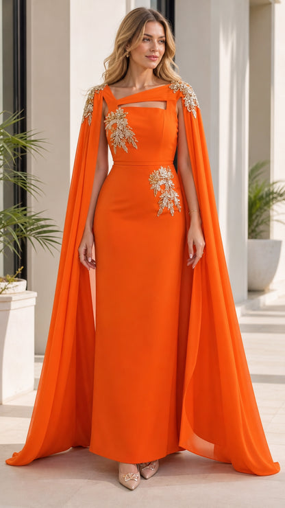 Front view of woman wearing orange evening dress with cape