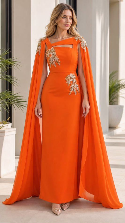 Front view of woman wearing orange evening dress with cape