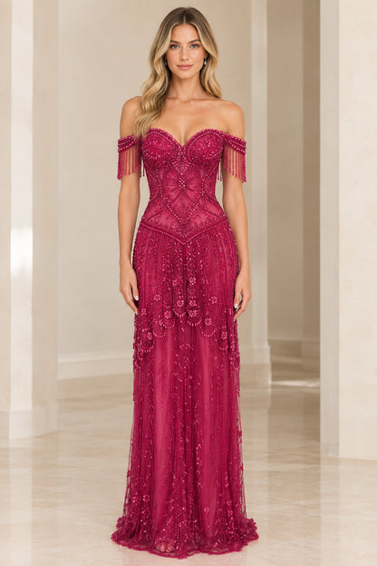 Magenta off-the-shoulder beaded sweetheart evening gown full front view