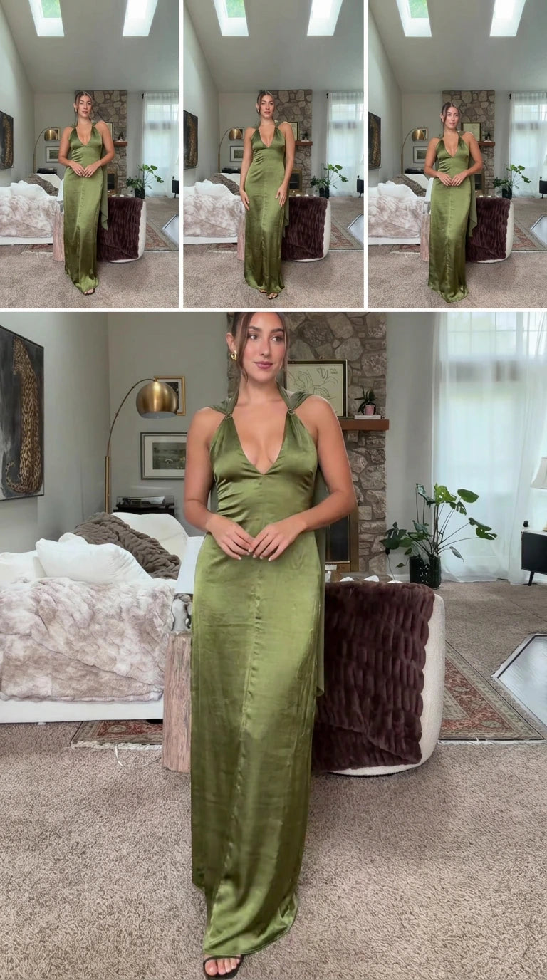 Front view of woman wearing olive green satin halter maxi dress