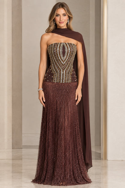 Strapless beaded corset evening gown in chocolate brown with back cape scarf front view