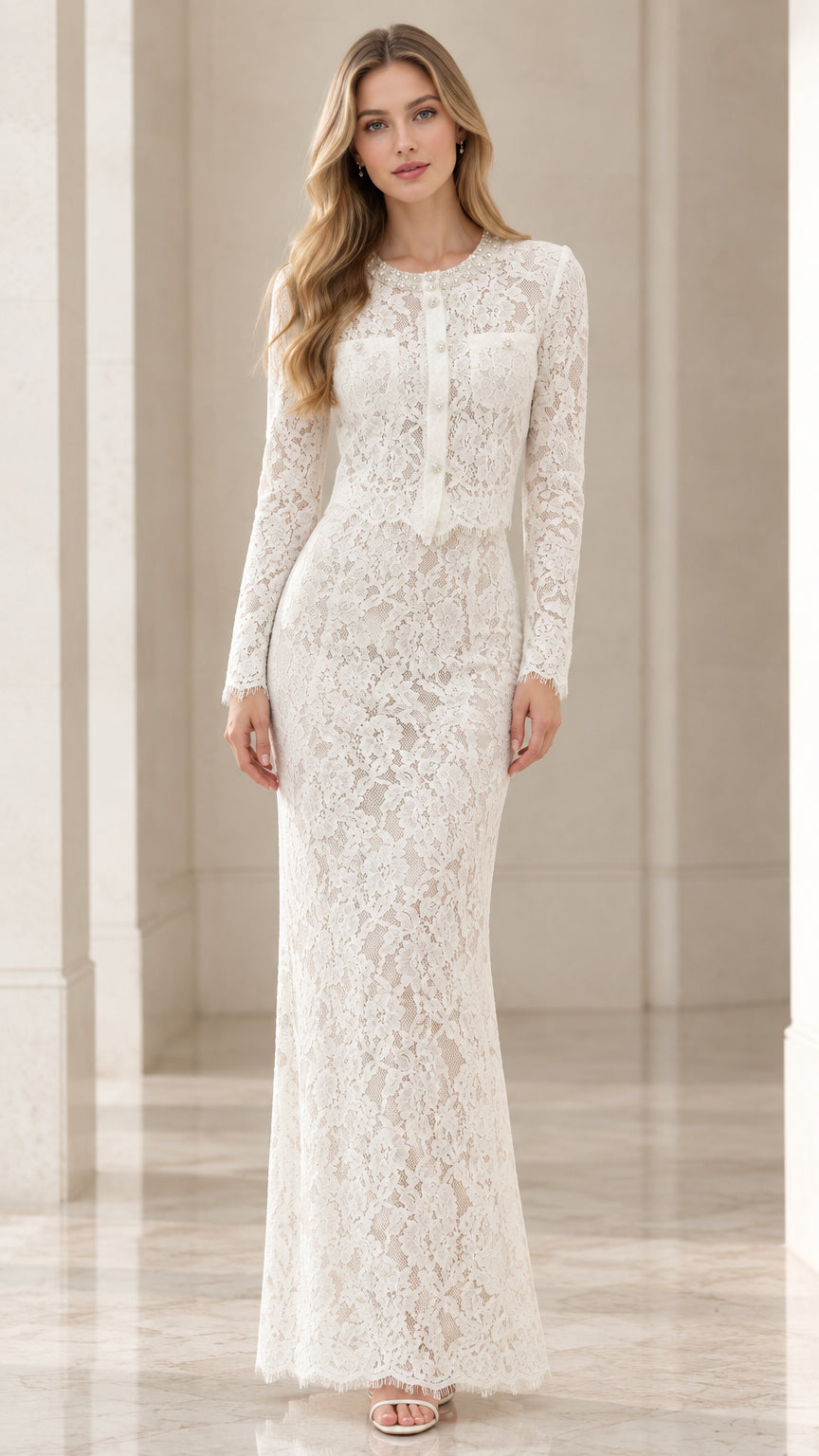 Front view of model wearing white long sleeve lace maxi dress with pearl details