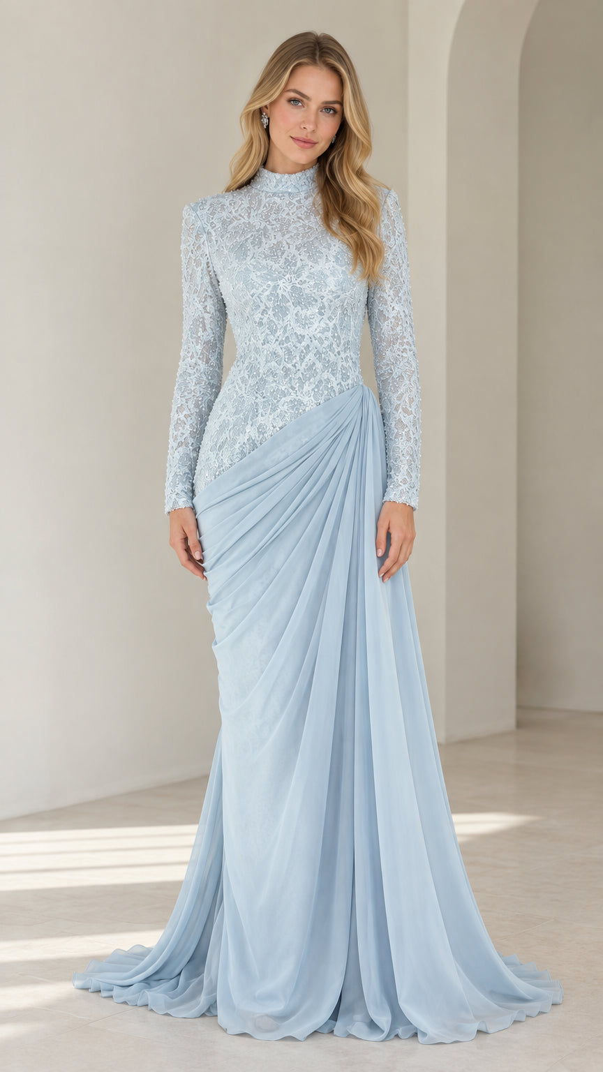 Front view of woman wearing elegant light blue high neck lace long sleeve draped evening gown