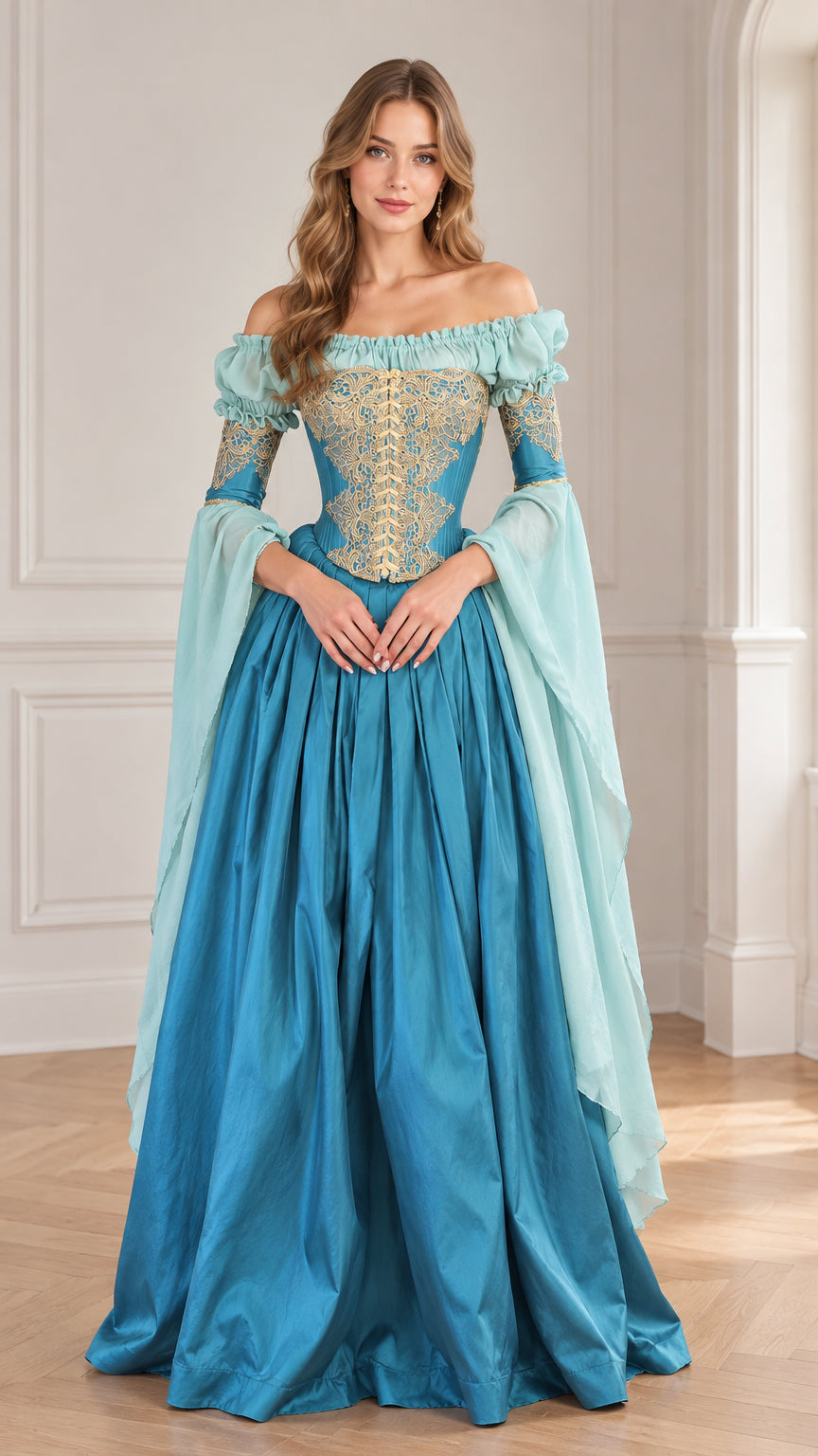 Front view of woman wearing peacock blue Renaissance corset maxi dress with gold embroidery and bell sleeves