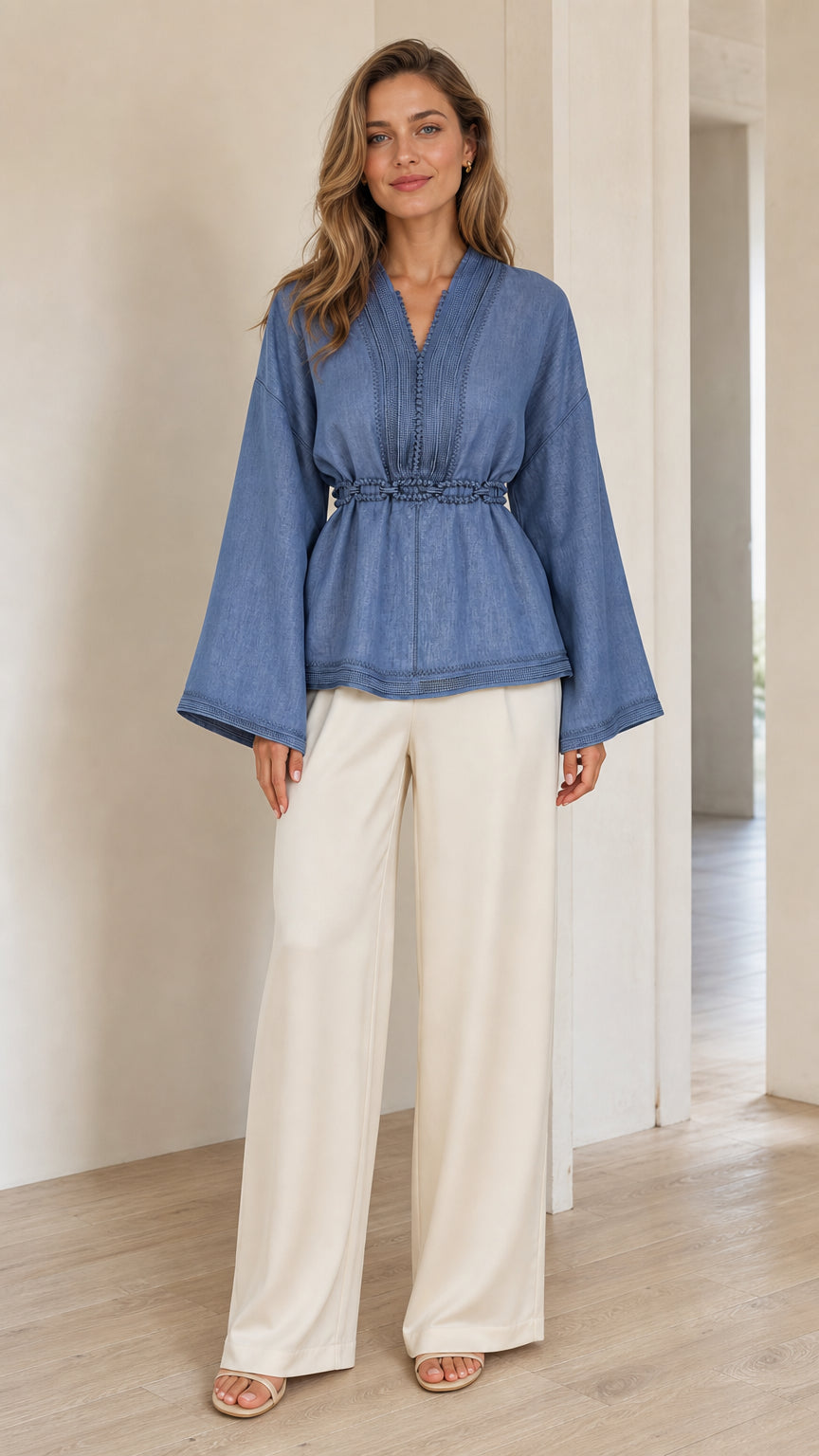 Front view of woman wearing denim blue V-neck bell sleeve peplum blouse paired with cream trousers