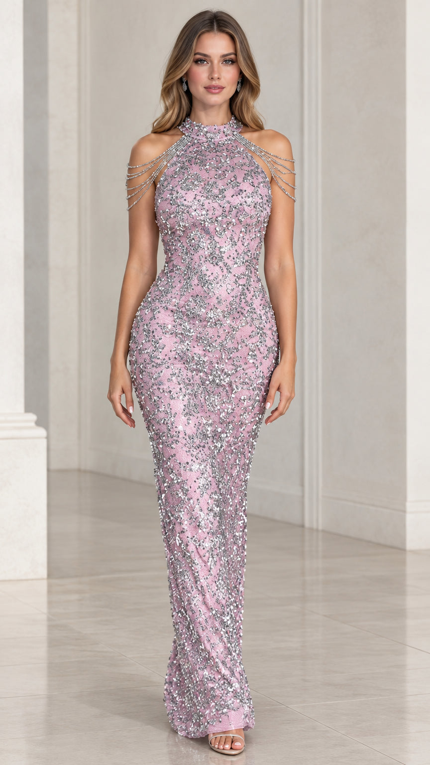 Front view of woman wearing pink sequin halter evening gown with draped shoulder chains