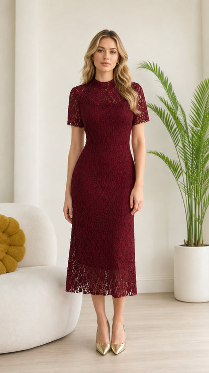 Front view of model wearing Burgundy floral lace mock neck midi dress
