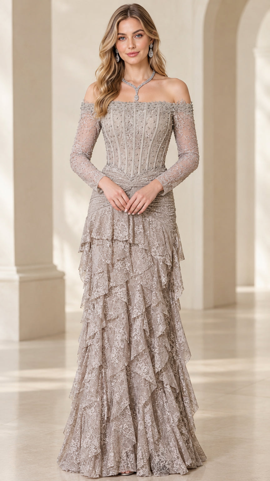 Taupe off-the-shoulder beaded corset lace evening gown with long sleeves and tiered ruffle skirt - Front view