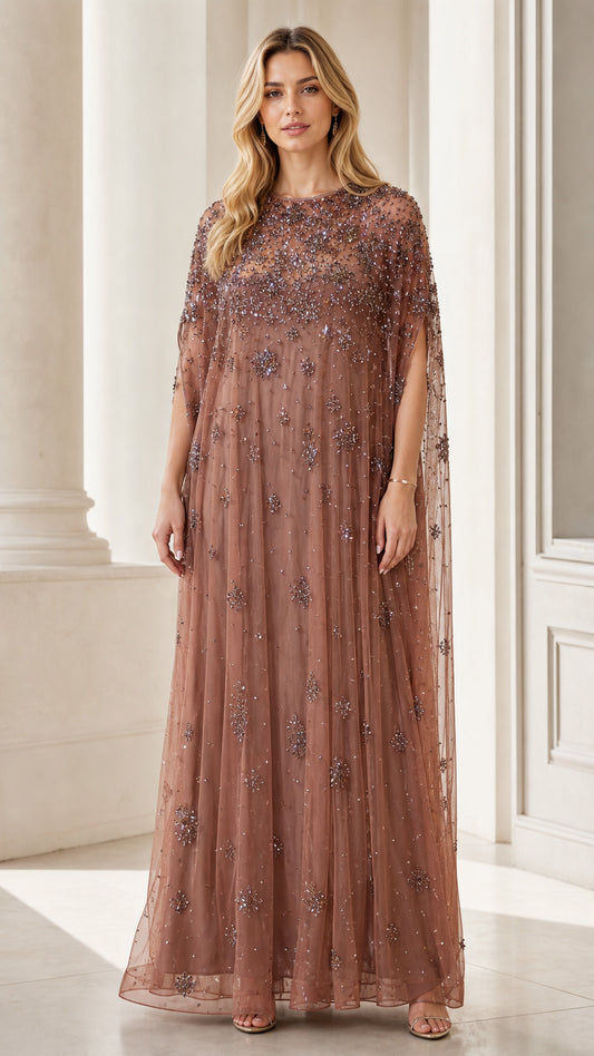 Front view of dusty rose beaded mesh cape maxi dress