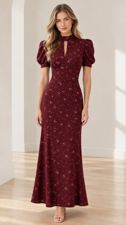 Front view of model wearing burgundy floral print puff sleeve keyhole maxi dress