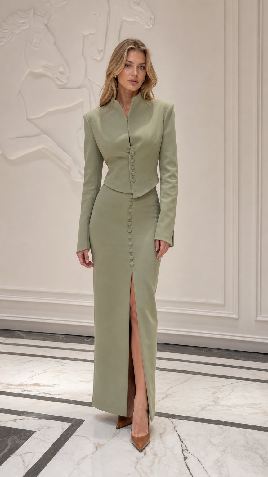 Front view of model wearing sage green stand collar jacket and maxi skirt set
