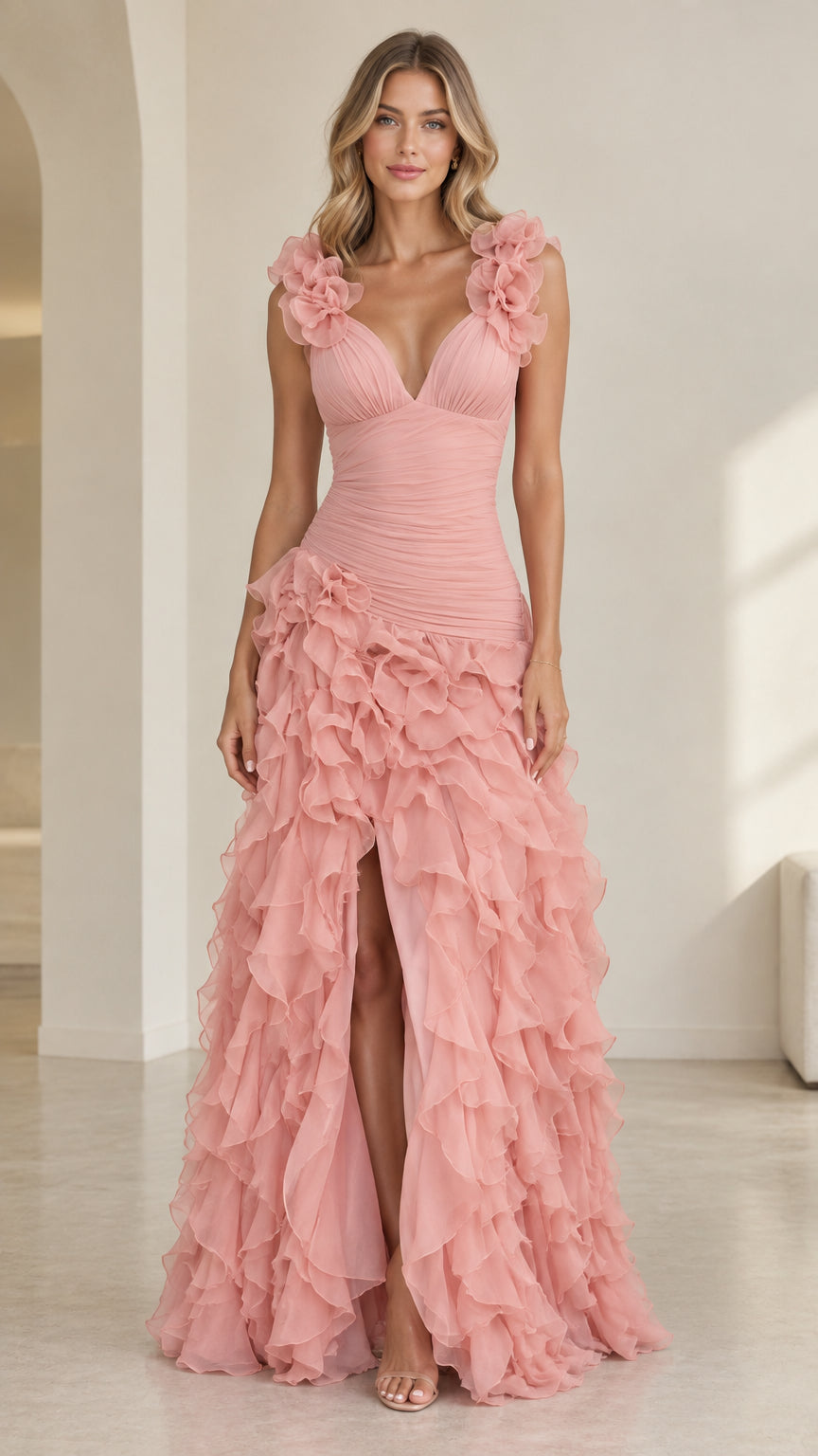 Front view of model wearing dusty pink ruffled evening maxi dress with slit