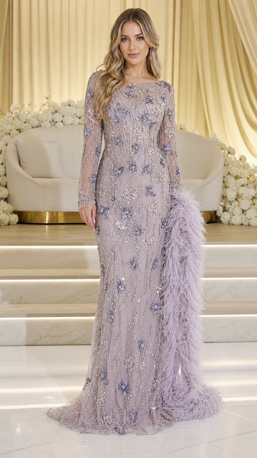 Lavender embellished long sleeve evening gown front view