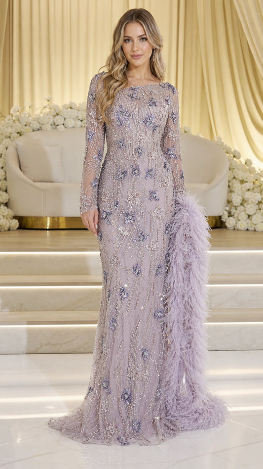 Lavender embellished long sleeve evening gown front view