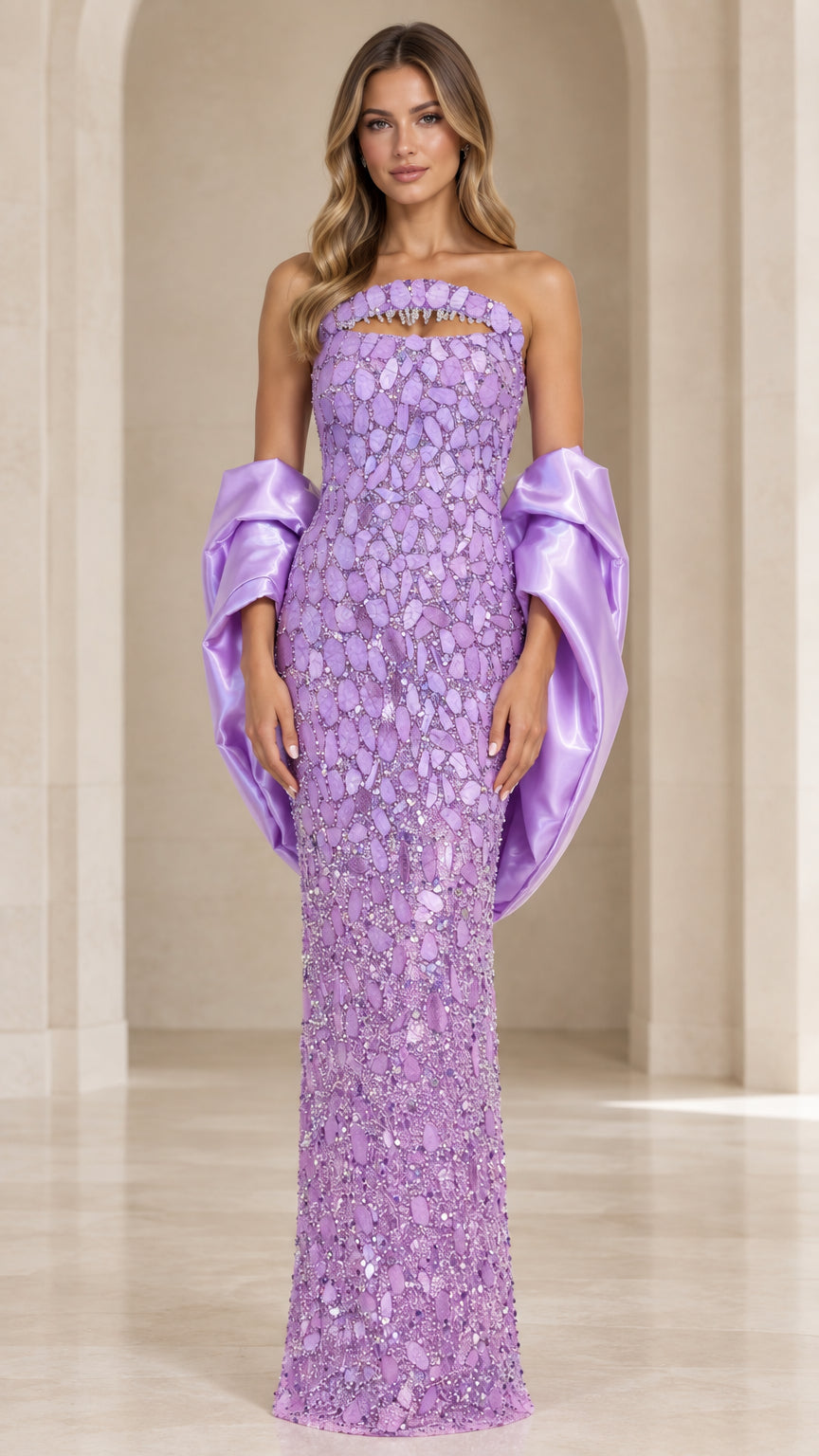 Full front view of model wearing Lavender strapless embellished gown with satin draped sleeves