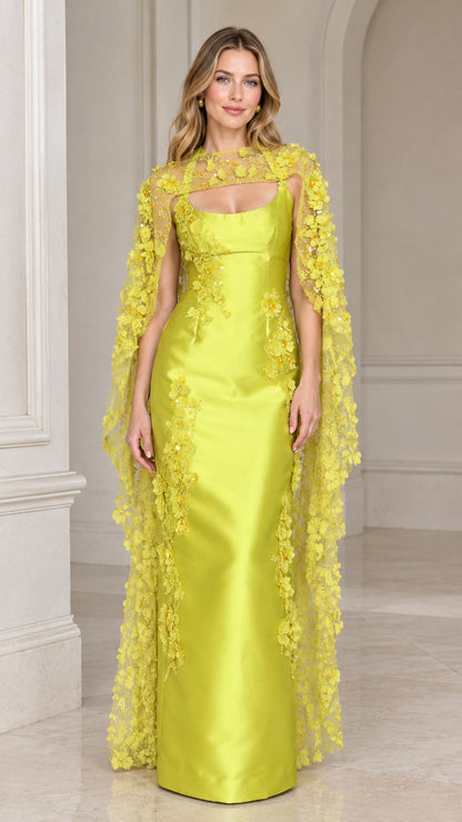 Front view of lime green satin column gown with matching 3D floral beaded cape
