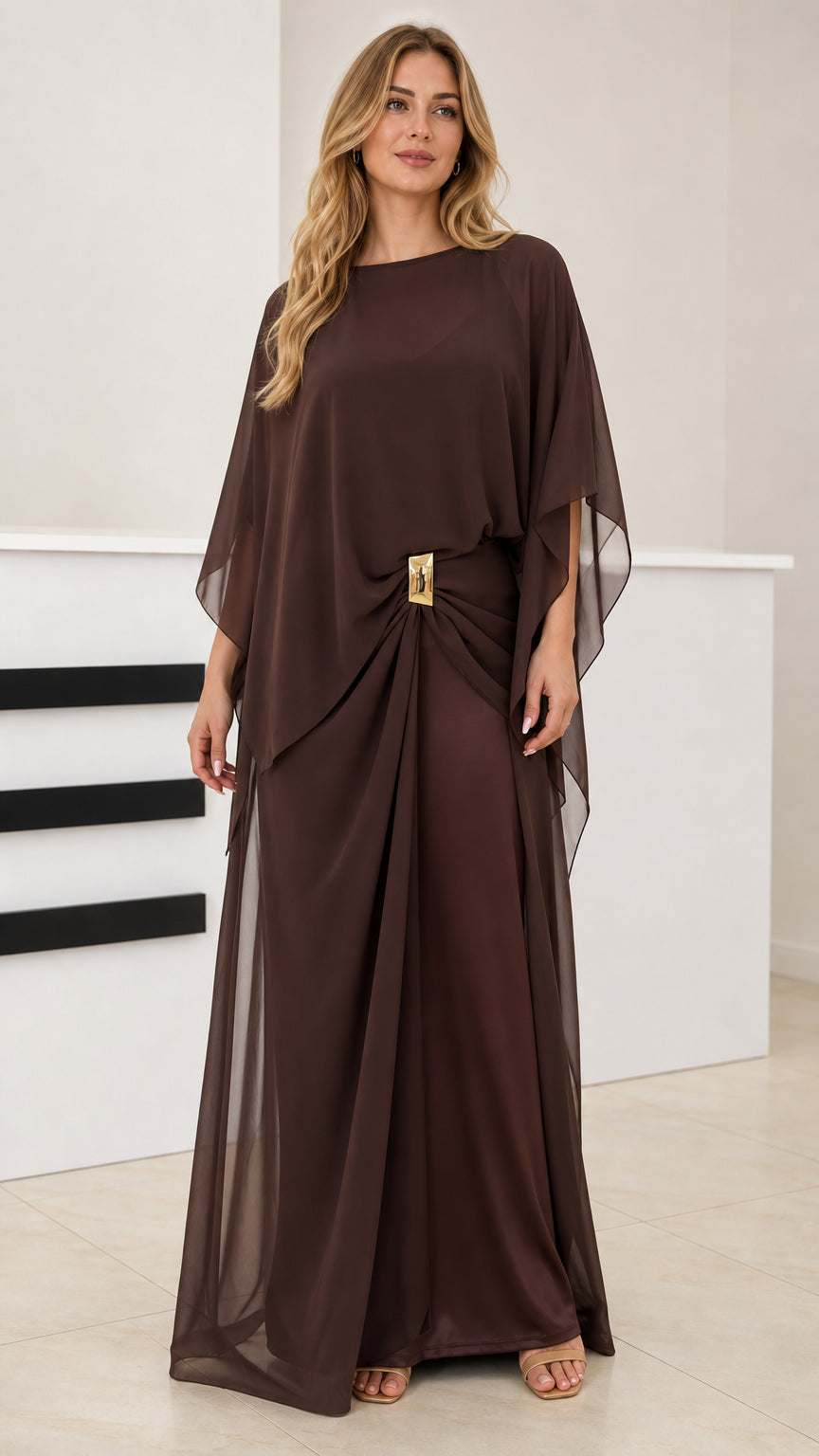 Coffee Brown chiffon capelet maxi dress front view with gold waist hardware
