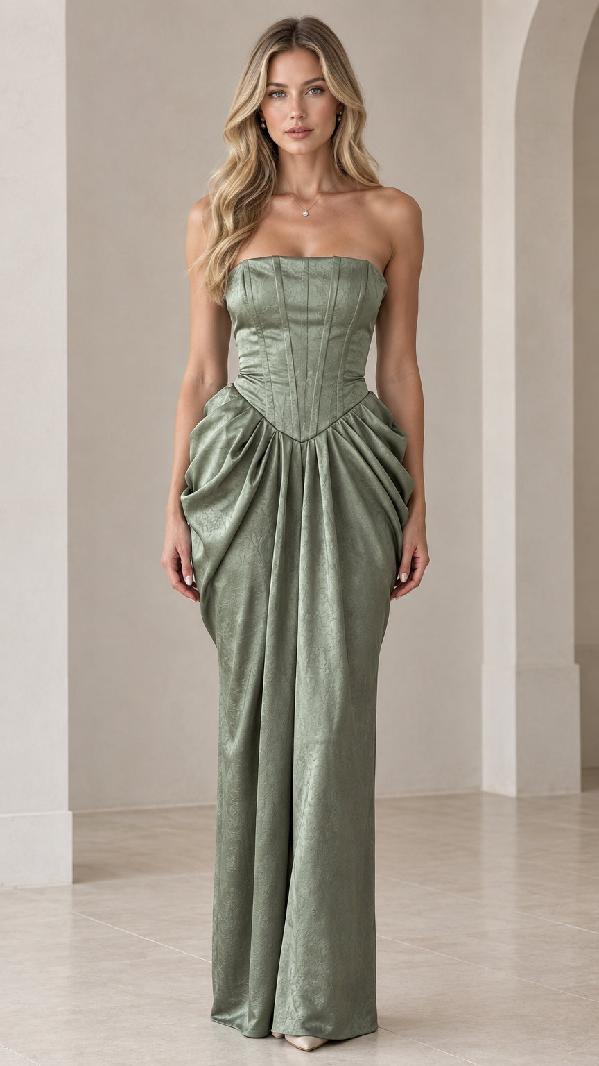 Front full-length view of model wearing Sage Green strapless corset draped maxi gown