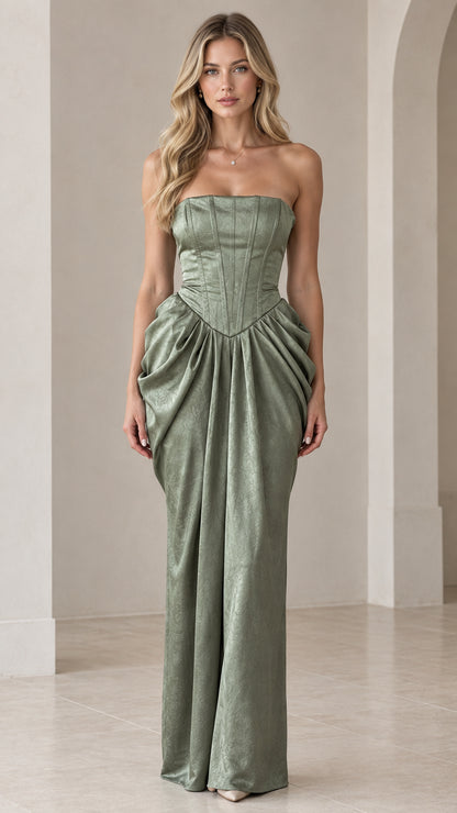Front full-length view of model wearing Sage Green strapless corset draped maxi gown
