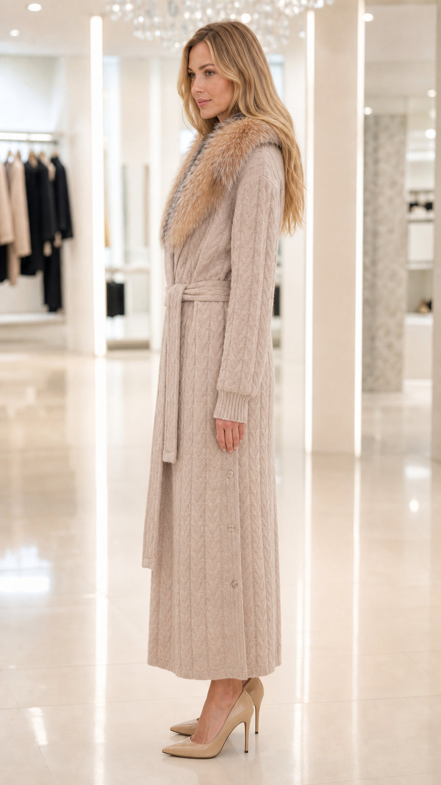 Side profile of woman modeling beige belted maxi cardigan coat with faux fur trim