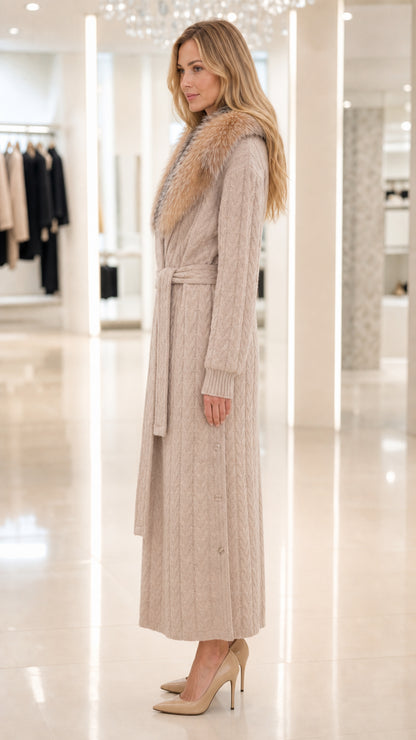 Side profile of woman modeling beige belted maxi cardigan coat with faux fur trim