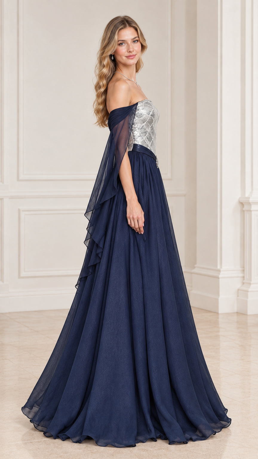 Side angle view of model posing in Navy Blue sequin bodice chiffon evening dress